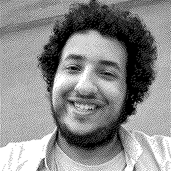 a dithered, black and white, low-resolution picture of Fawaz